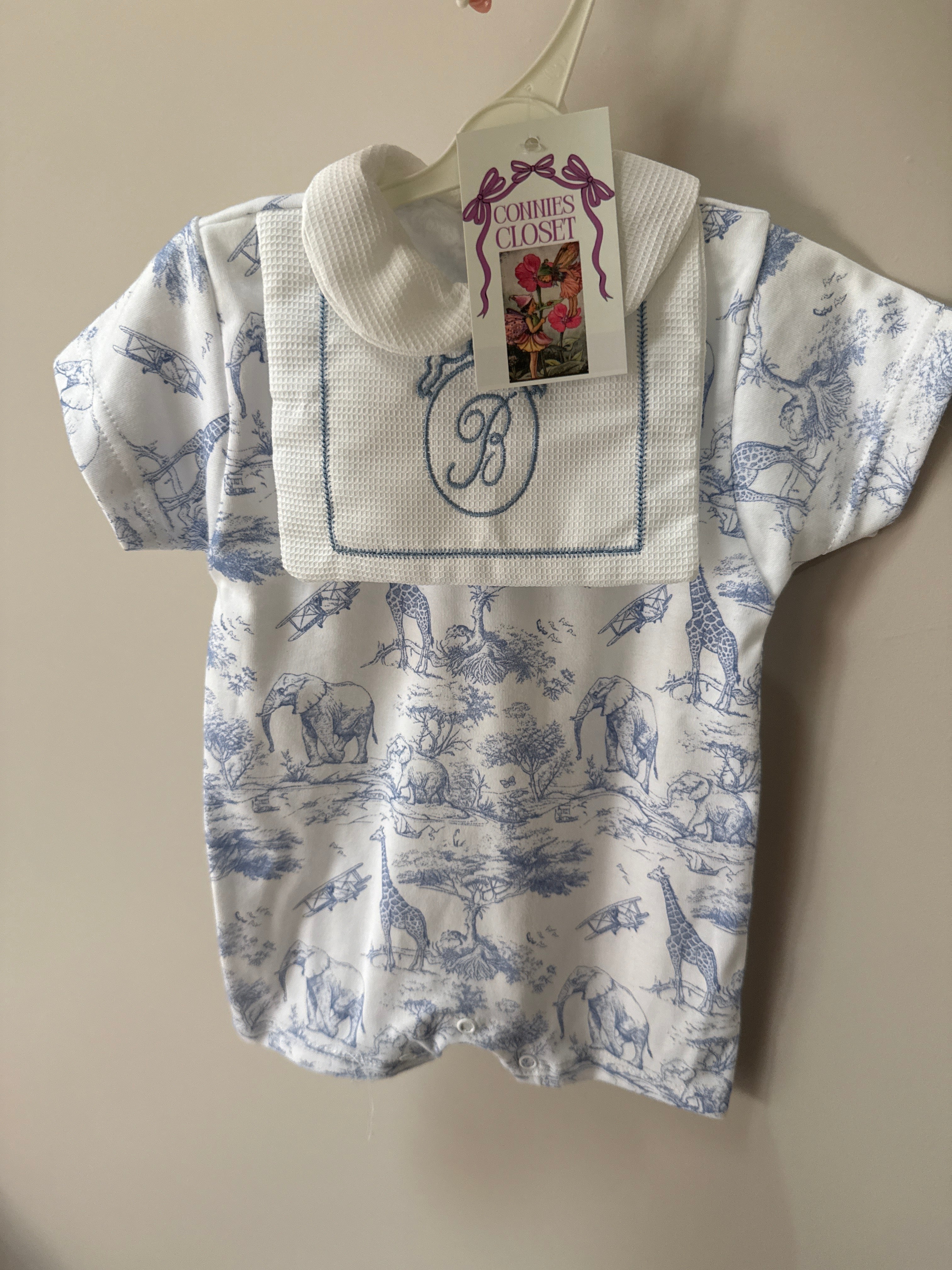 Blue safari print bibbed romper