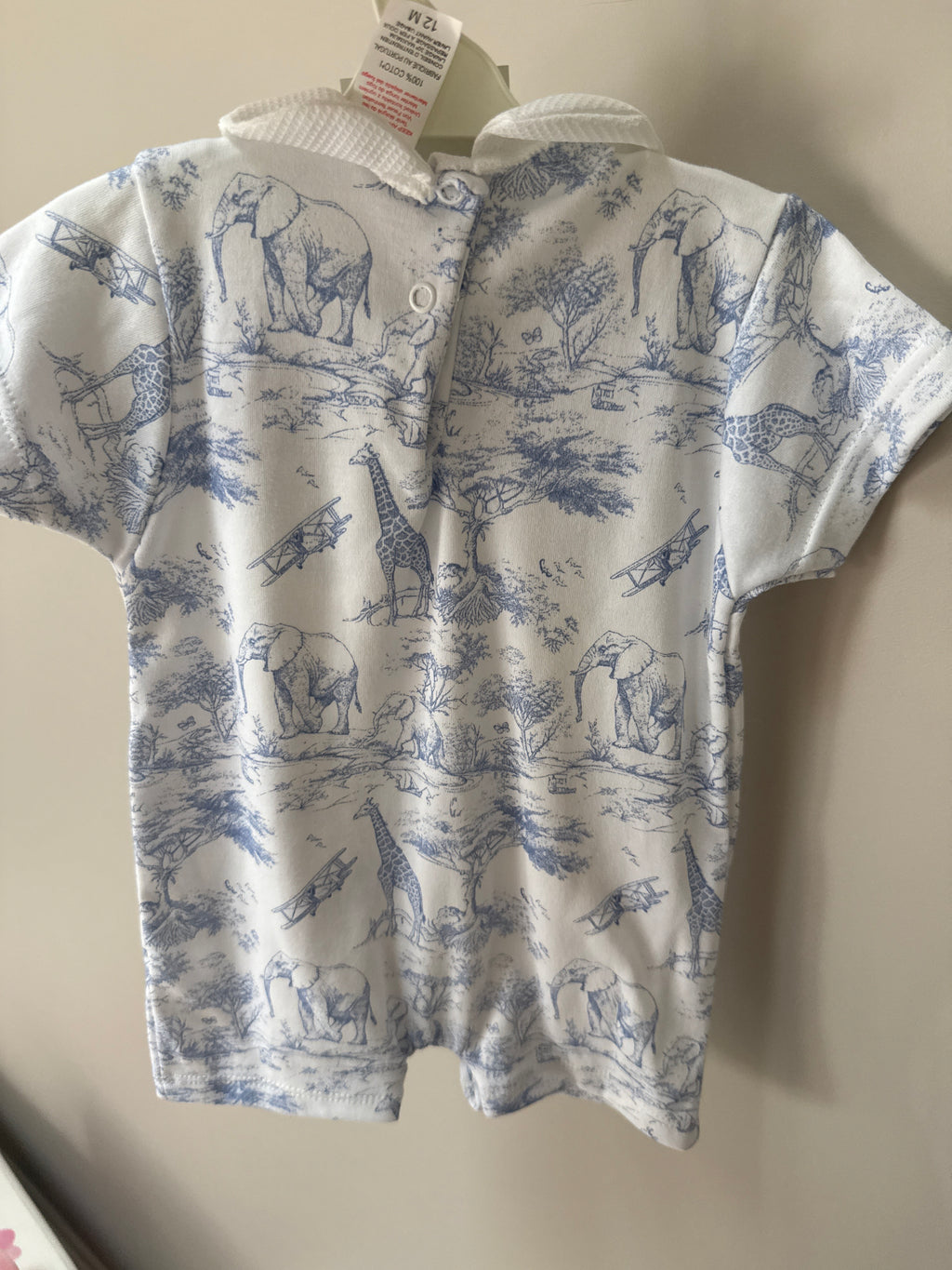 Blue safari print bibbed romper