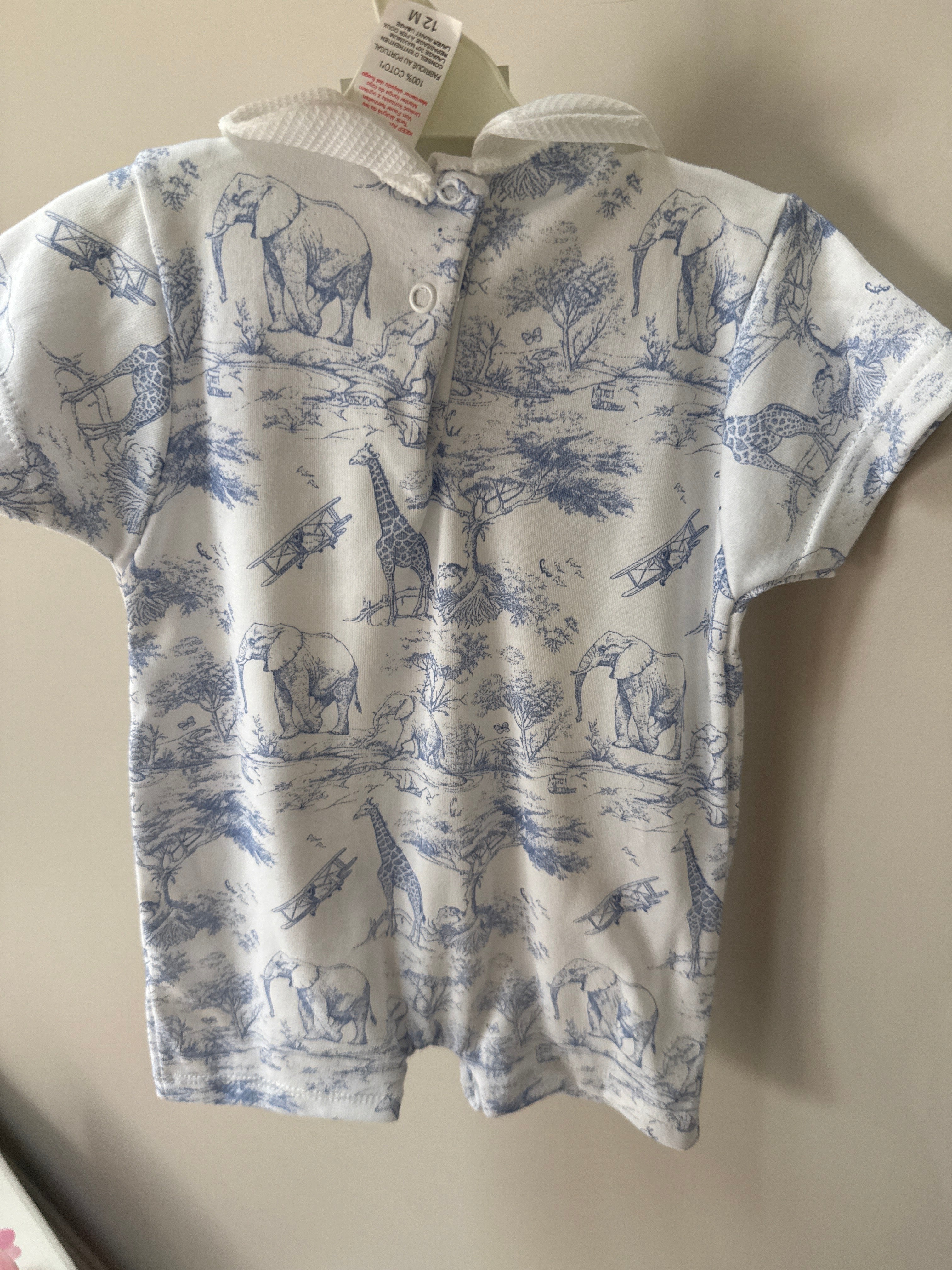 Blue safari print bibbed romper
