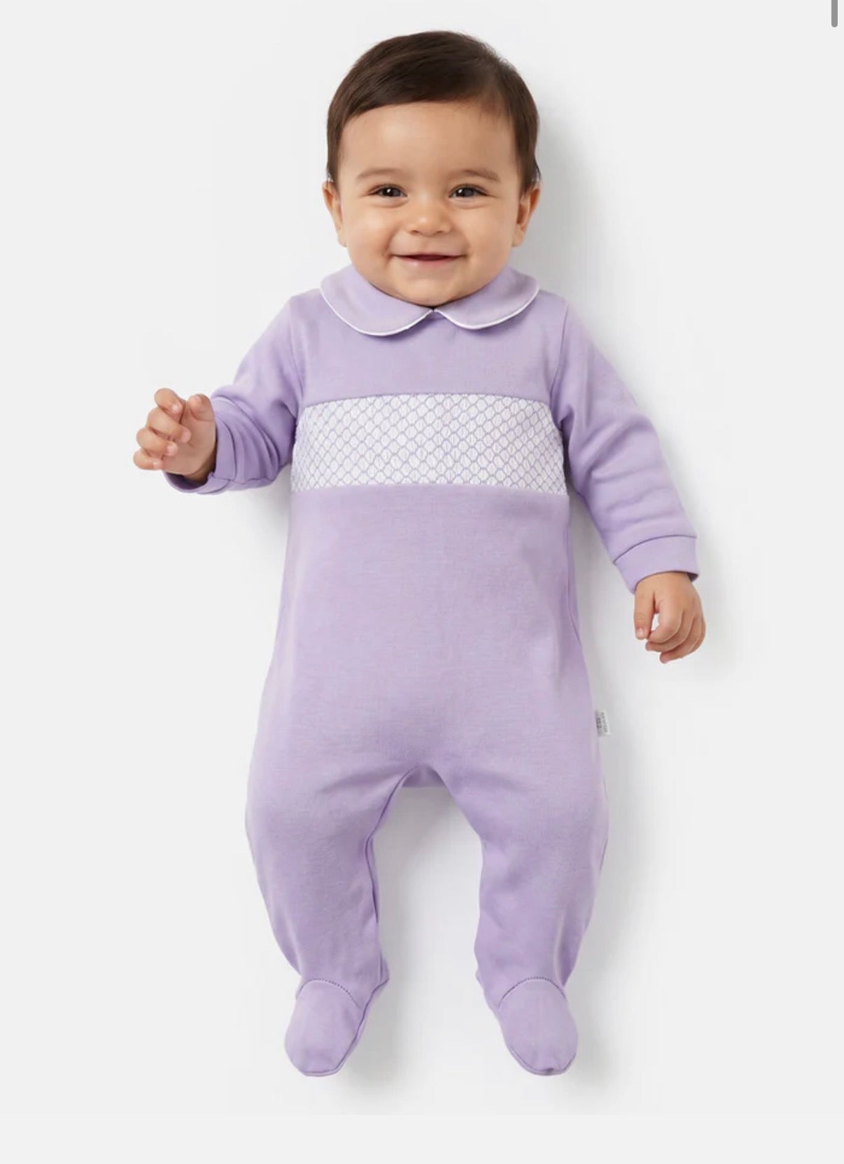 Lilac smocked baby grow