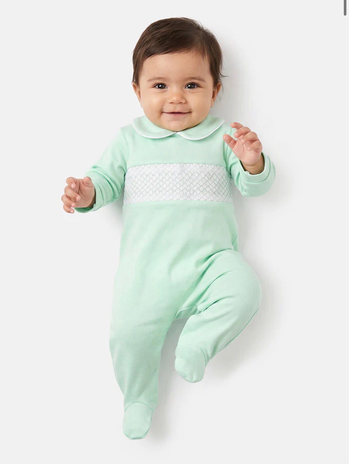 Mint smocked baby grow
