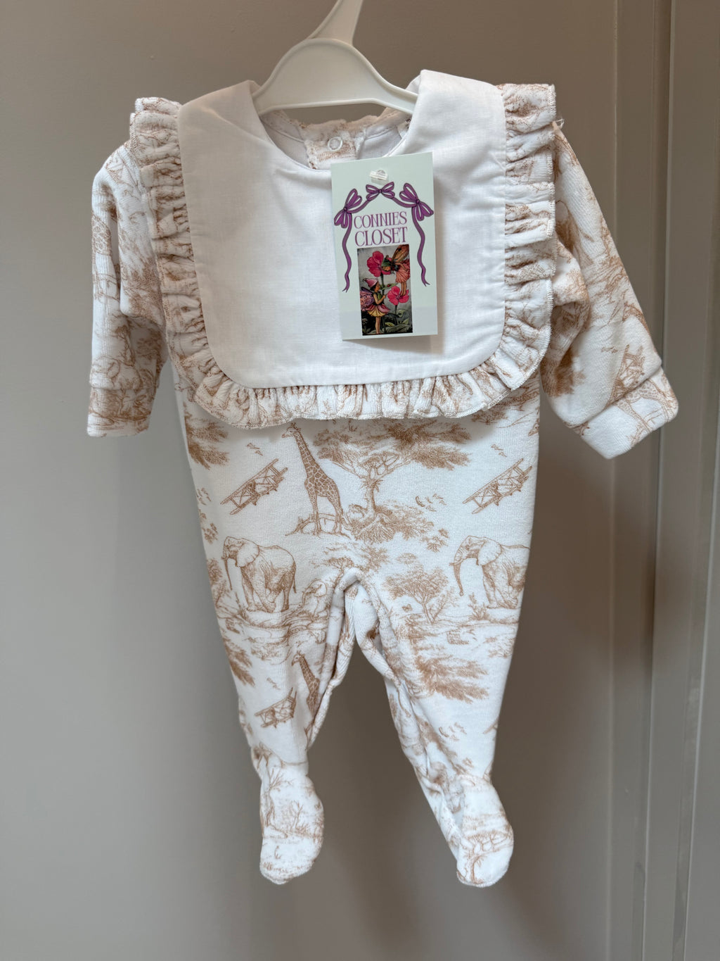 Girls beige safari print sleepsuit